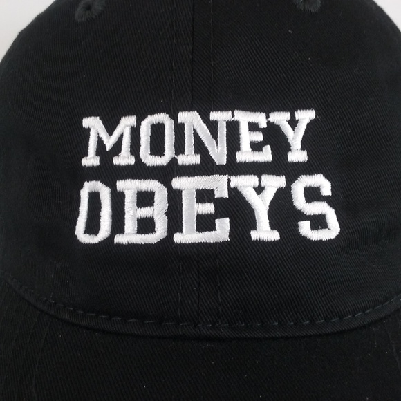 Money Obeys Black & White Baseball Cap Curved Bill - Picture 2 of 3